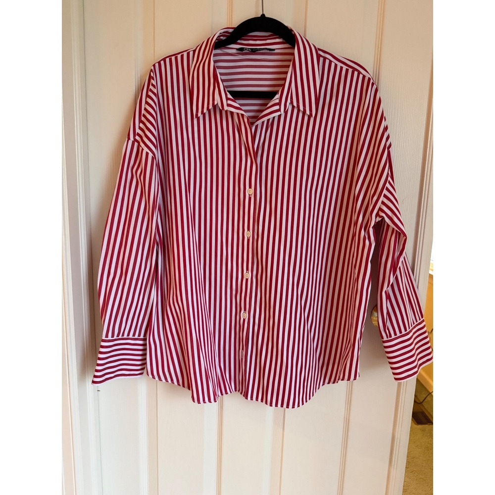 Zara Womens XXL NWOT Red White Striped Button Down Shirt Long Sleeve Blouse - Picture 3 of 8